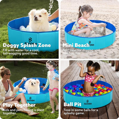 SLOOSH Foldable Dog Kiddie Pool - Portable Hard Plastic Doggie Swimming Pool, Anti-Slip Collapsible Pets Bath Tub Suitable for Kids Indoor Outdoor Backyard Use