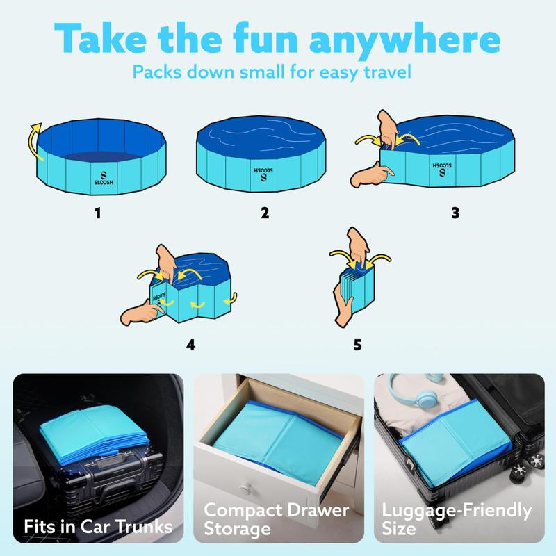 SLOOSH Foldable Dog Kiddie Pool - Portable Hard Plastic Doggie Swimming Pool, Anti-Slip Collapsible Pets Bath Tub Suitable for Kids Indoor Outdoor Backyard Use